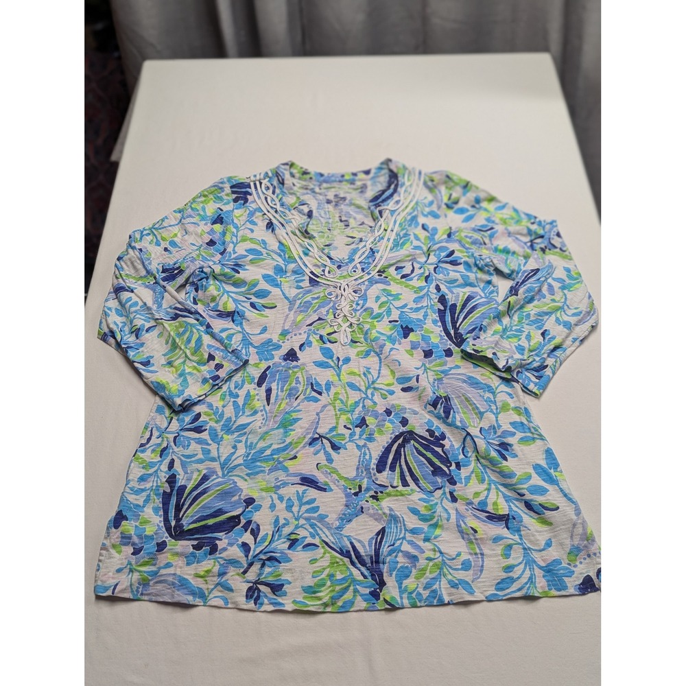 Lilly Pulitzer Blue Green Tropical Floral Soutache Tunic Top Medium